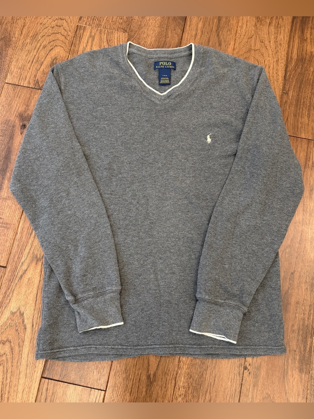 Polo Ralph Lauren Gray Waffle Knit White Tipped V Neck Collared Thermal Sweater